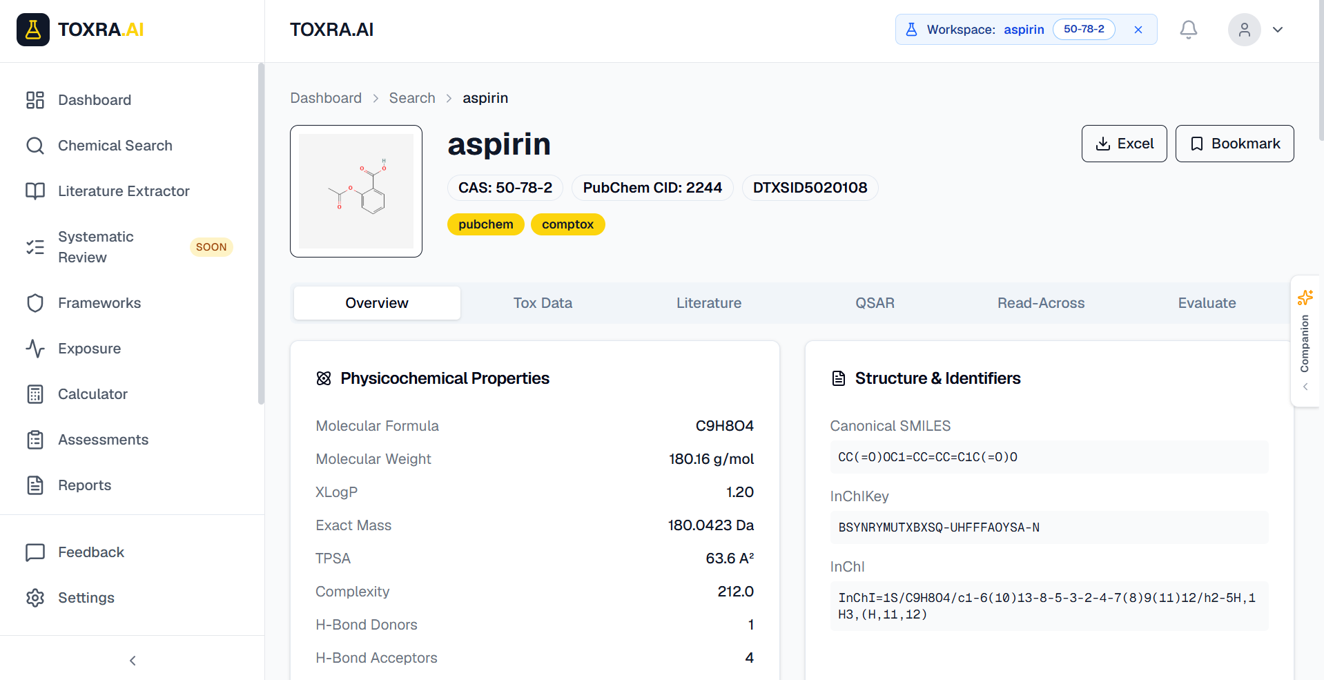 TOXRA.AI chemical workspace — aspirin profile